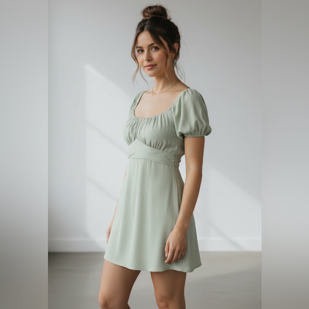 Altar'd State whimsical satin Puff Sleeve Mini milk made Dress fairy babydoll L - Picture 2 of 14